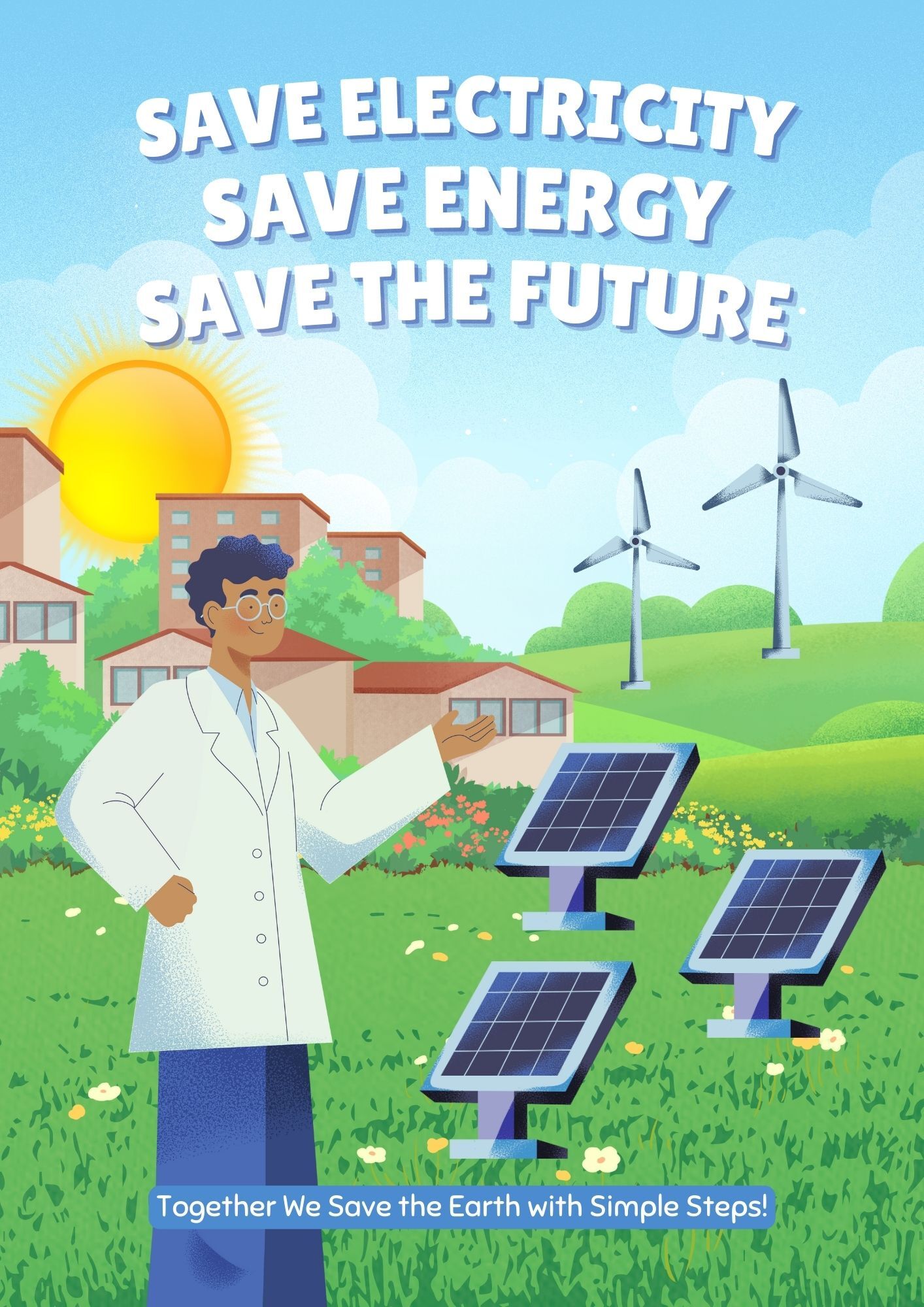 Blue and Green Illustrative Save Energy Poster